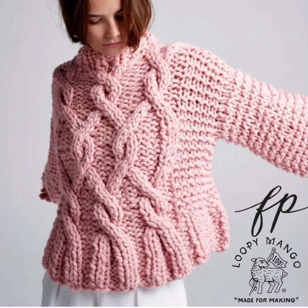 Free People x Loopy Mango Cabin Fever Pink Cable Sweater Tunic OS Merino Wool